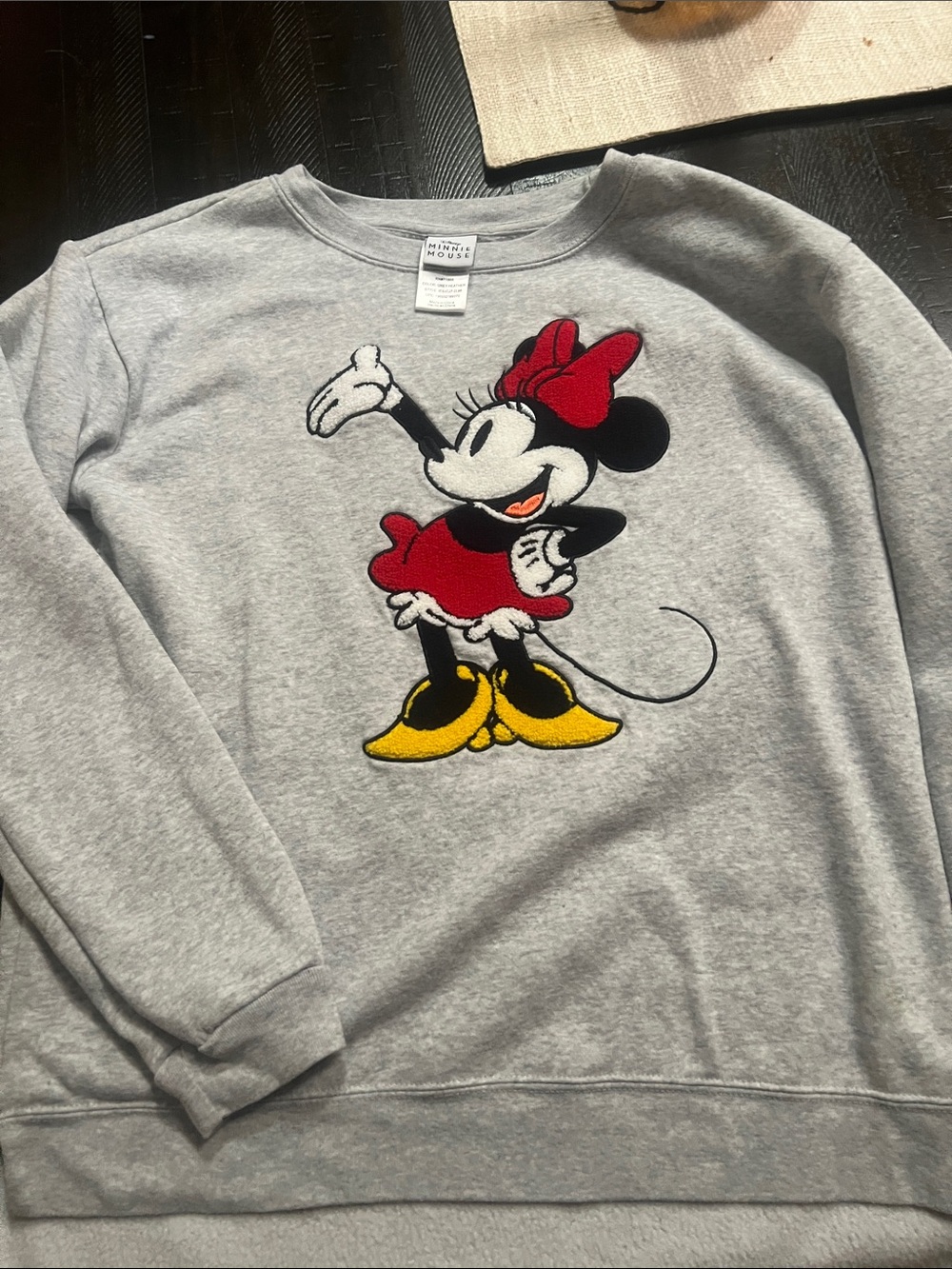 Disney Gray Crewneck Sweater with Minnie Mouse Patch - Red Bow & Yellow Shoes